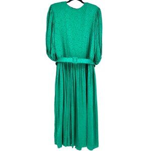 Vtg Garfinckels Green Silk Dress 80s Womens 6 Jacquard Print Puff Sleeve Pleated